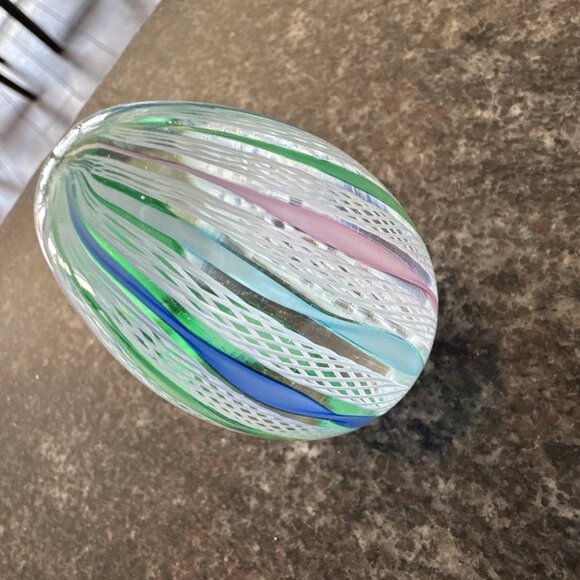 Vtg Murano Egg Shape Multi-Color Ribbon Latticino Glass Paperweight GORGEOUS - Picture 2 of 10